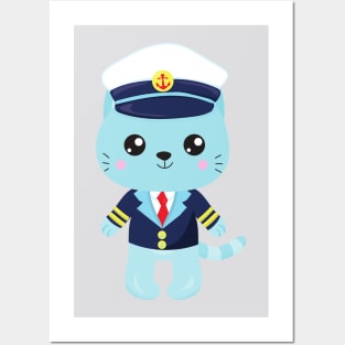 Sailor Cat, Sailor Hat, Boat Captain, Blue Cat Posters and Art